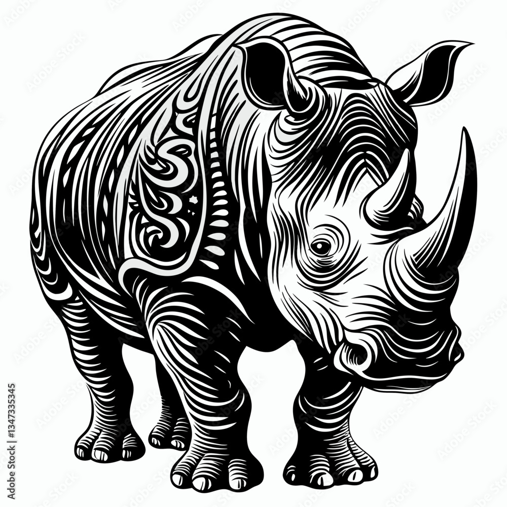 Fototapeta premium A detailed black and white illustration of a rhinoceros, featuring intricate patterns and textures. The rhinoceros has a large horn, thick skin and a powerful stance.