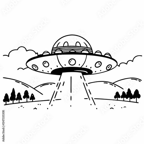 a detailed line drawing of a UFO hovering over a landscape, with hills, trees, and clouds in the background