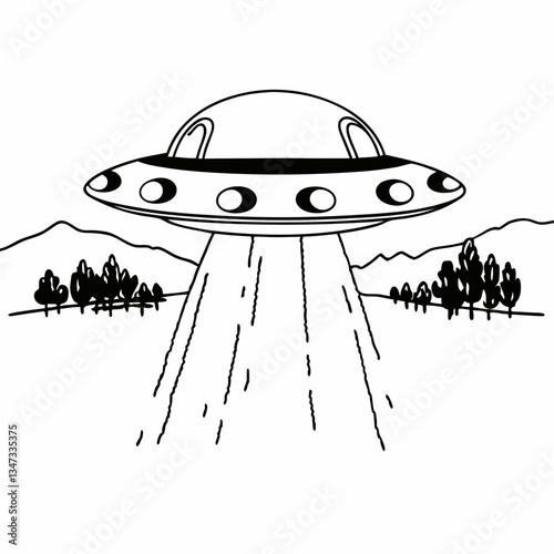 a UFO flying over a landscape, spewing beams of light. A simple, yet intriguing black and white illustration, perfect for those interested in science fiction and the unknown.