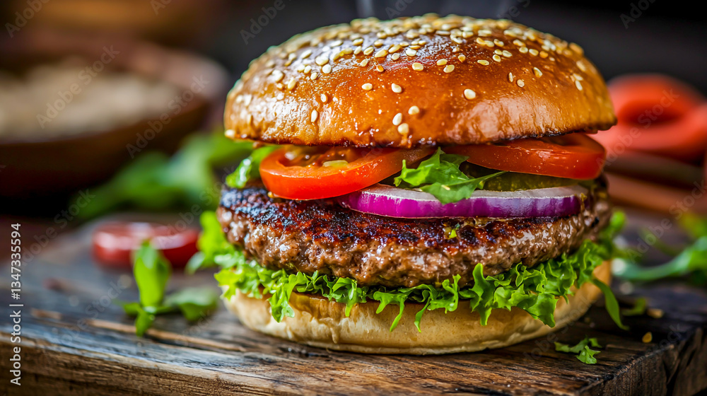 Delicious hamburger served on a rustic wooden table with fresh toppings Delicious hamburger served on a rustic wooden table with fresh toppings