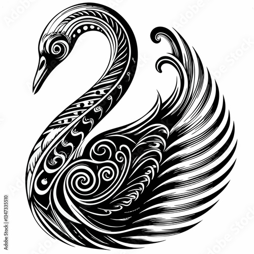 Fototapeta Naklejka Na Ścianę i Meble -  an intricately patterned swan in black and white, exuding elegance and grace, stands out in a captivating artwork. This image highlights the detailed design of the swan