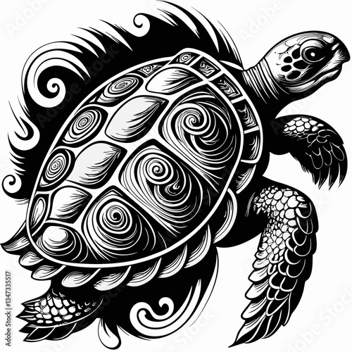 stylized black and white illustration of a turtle with swirling patterns on its shell