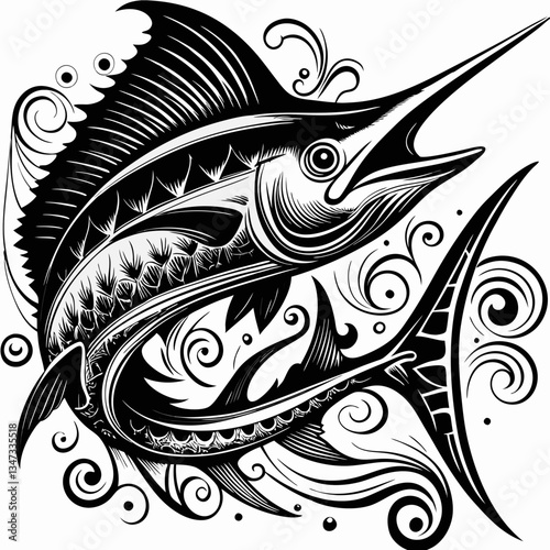 An intricate illustration of a swordfish with graceful swirls, artistic monochrome style