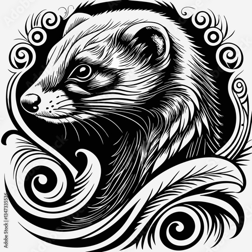 an artistic ferret drawing with swirl patterns around. The drawing is intricately detailed with fine lines and a monochrome color palette
