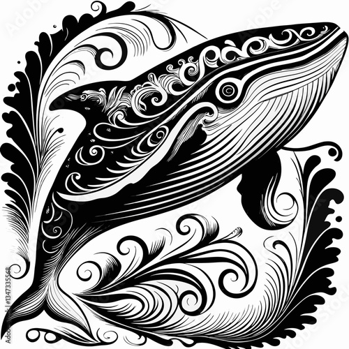 an intricate whale illustration in a decorative, swirling design. The black and white artwork captures the beauty and grace of this marine mammal