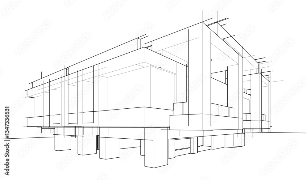 Fototapeta premium Futuristic Architectural Wireframe. Abstract Modern Building 3d Design 