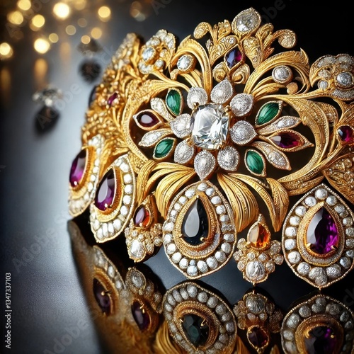 A highly detailed and luxurious piece of jewelry, featuring an intricate gold design adorned with sparkling diamonds and vibrant gemstones