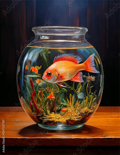 goldfish in aquarium painting, goldfish in a glass bowl wall art Adobe Illustrator Artwork