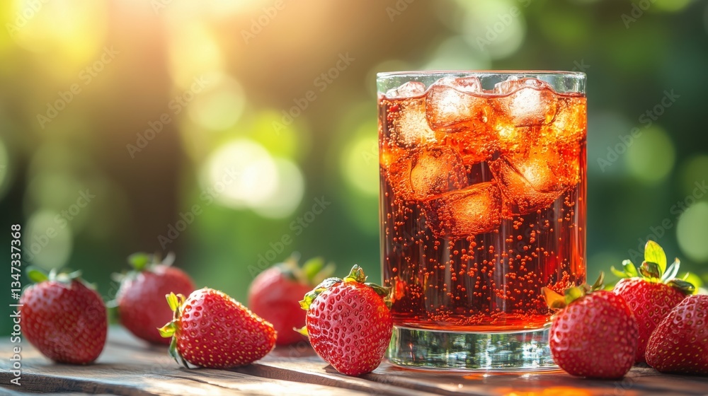 Fresh strawberries and sparkling drink in a vibrant outdoor setting during summer sunlight Fresh strawberries and sparkling drink in a vibrant outdoor setting during summer sunlight