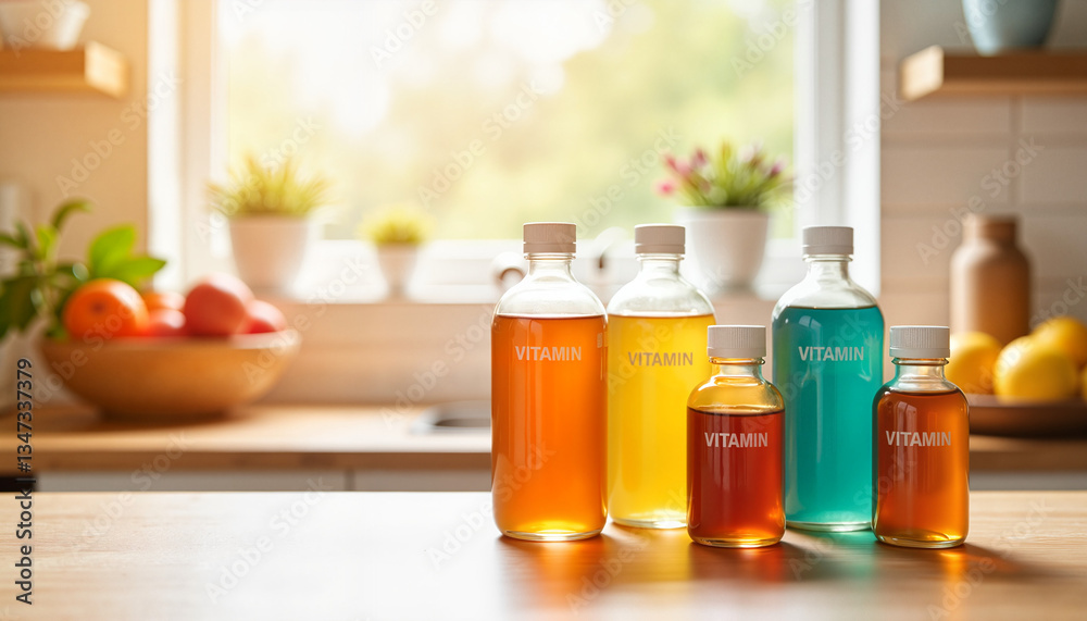 Bottles of vitamin drinks on kitchen counter with fresh fruits Bottles of vitamin drinks on kitchen counter with fresh fruits