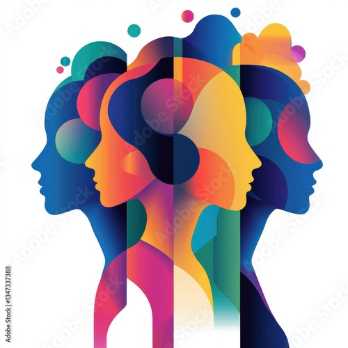 Illustration of gender equality using overlapping shapes and bright hues