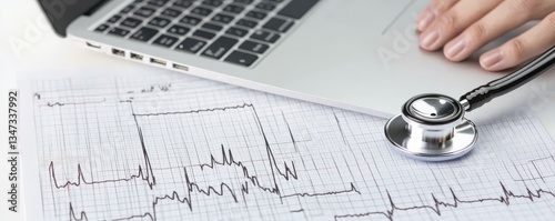 A laptop, stethoscope, and ECG printout depict a healthcare setting, emphasizing technology's role in medical diagnostics.