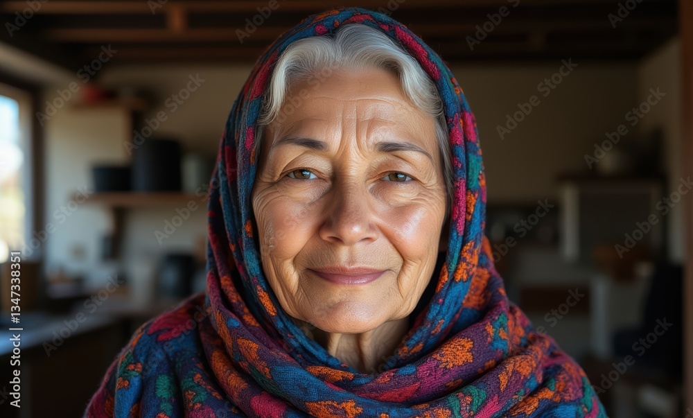 Smiling elderly woman in a colorful scarf
