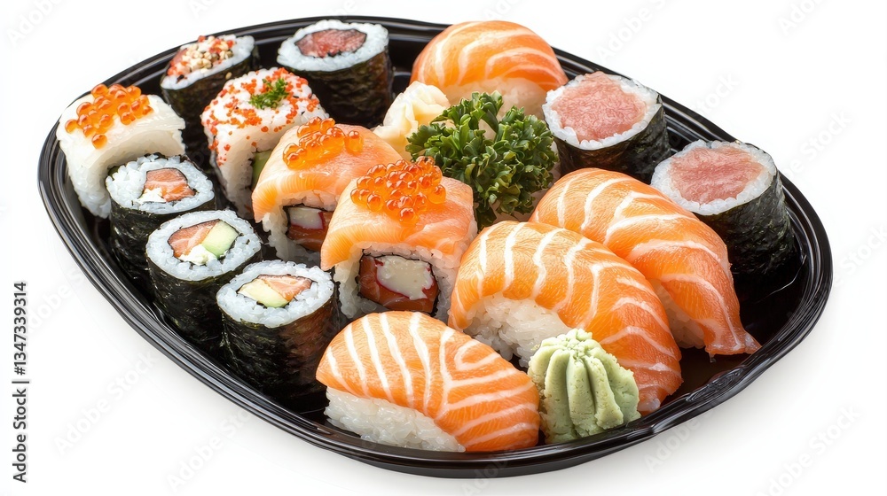 A vibrant platter of sushi featuring assorted rolls, fresh salmon, and garnishes, perfect for a delicious meal or sharing with friends. A vibrant platter of sushi featuring assorted rolls, fresh salmon, and garnishes, perfect for a delicious meal or sharing with friends.