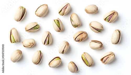 Pistachios scattered on white, healthy snack background