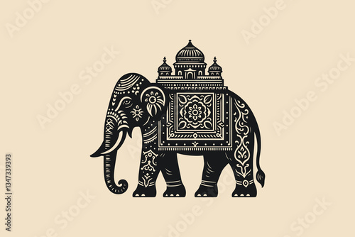 Vintage engraving of an Indian elephant with a temple on its back