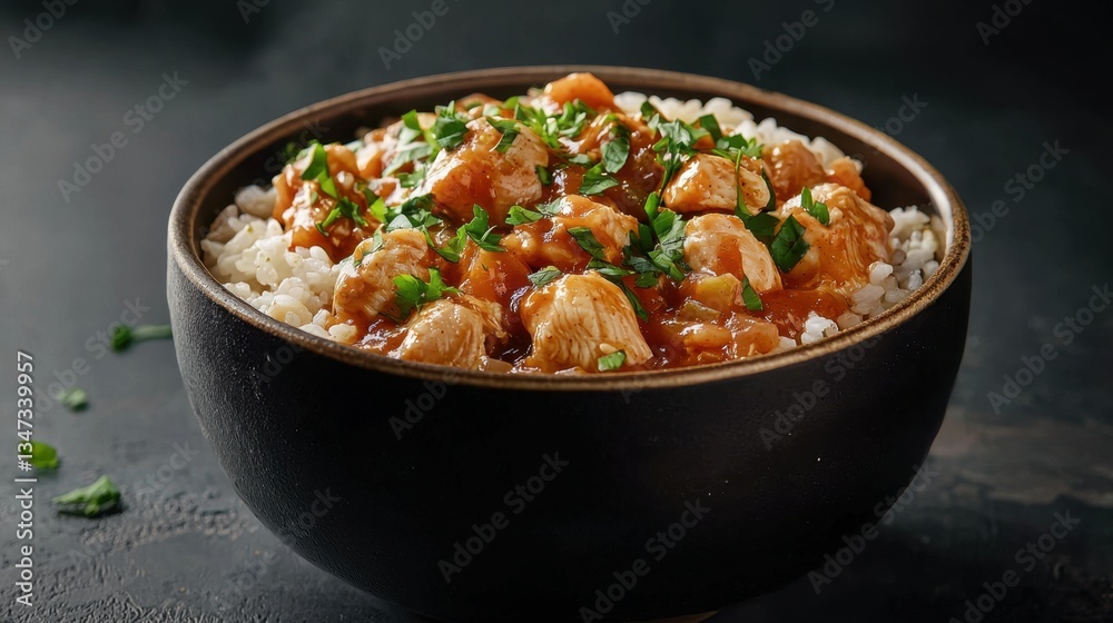 Succulent pieces of chicken are simmered in a rich sauce, placed over a bed of fluffy rice, and garnished with vibrant green herbs, showcasing a mouthwatering meal Succulent pieces of chicken are simmered in a rich sauce, placed over a bed of fluffy rice, and garnished with vibrant green herbs, showcasing a mouthwatering meal