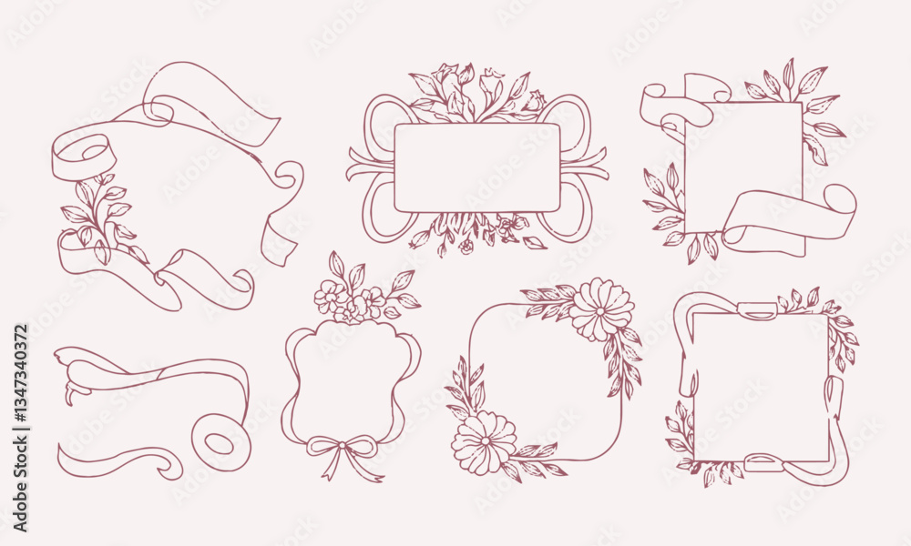 A modern vector-style illustration of decorative hand-drawn frames with ribbons and floral elements, easily editable. A modern vector-style illustration of decorative hand-drawn frames with ribbons and floral elements, easily editable.