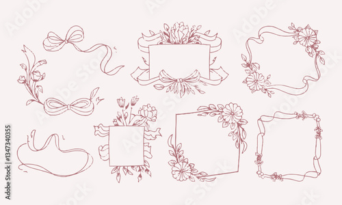 A modern vector-style illustration of decorative hand-drawn frames with ribbons and floral elements, easily editable.