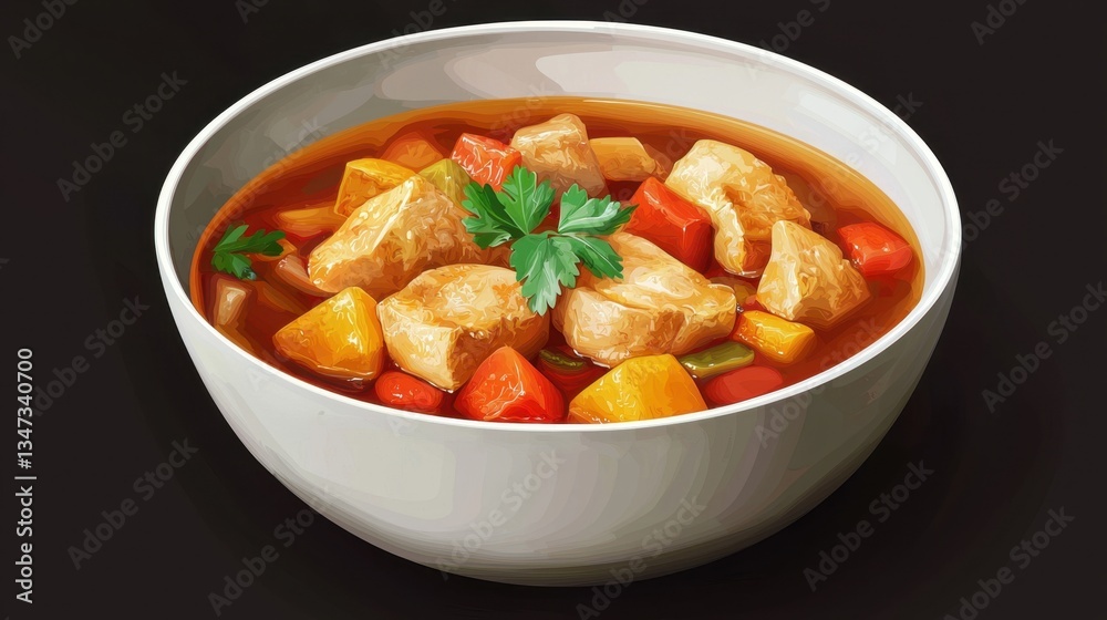 A hearty chicken stew filled with chunks of tender chicken, colorful vegetables, and aromatic herbs sits in a white bowl. This dish promises comfort and flavor during a chilly evening meal A hearty chicken stew filled with chunks of tender chicken, colorful vegetables, and aromatic herbs sits in a white bowl. This dish promises comfort and flavor during a chilly evening meal
