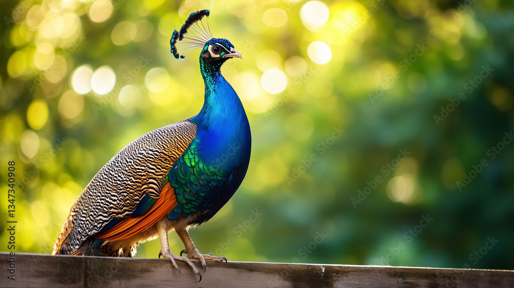 Obraz premium A moment of tranquil beauty was frozen in time, revealing the elegant profile of the female peafowl, perched peacefully on the wooden fence, surrounded by the emerald hues and shimmering light of the 