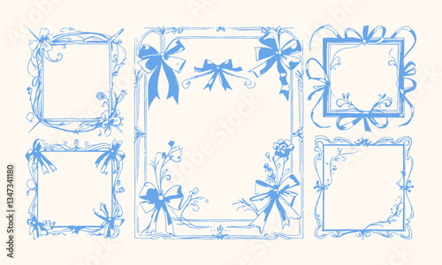 A modern vector-style illustration of decorative hand-drawn frames with ribbons and floral elements, easily editable.