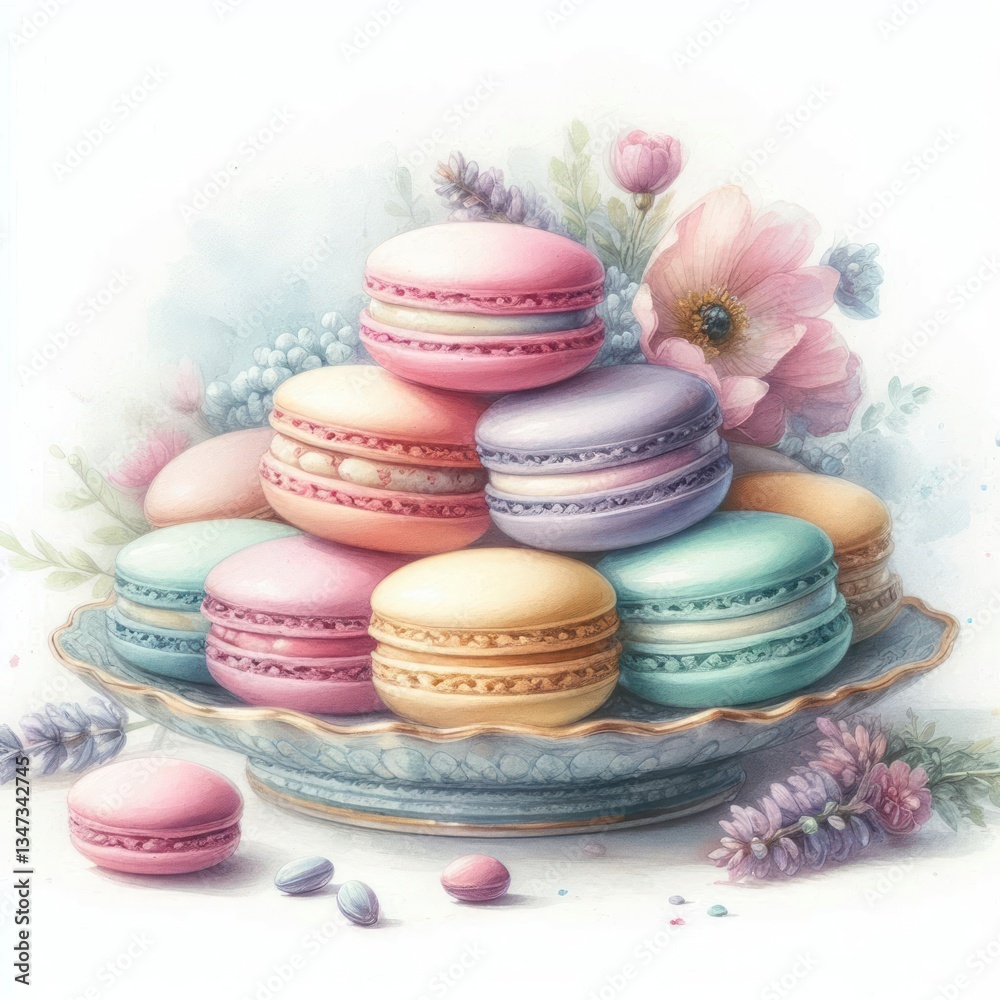 Obraz premium Delicate Pastel Macarons on Ornate Plate with Flowers Watercolor Style