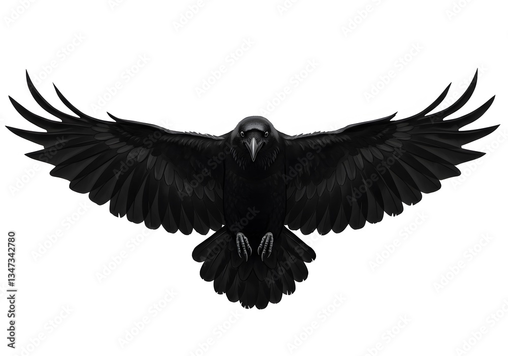 Fototapeta premium Majestic Black Raven in Flight: A Stunning Close-Up of a Raven with Wings Spread Wide Against a White Background