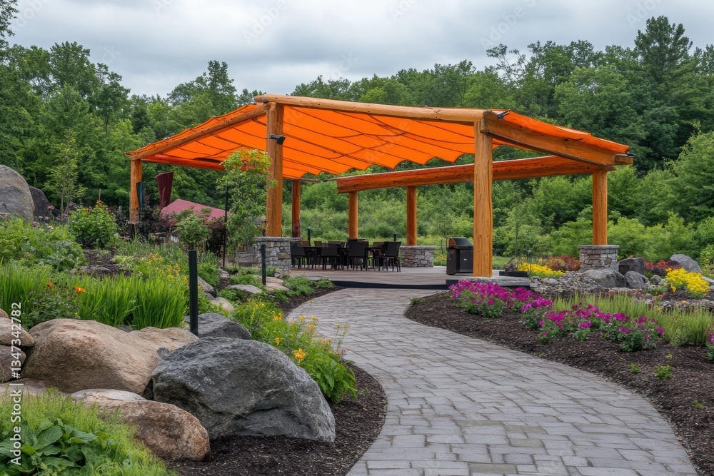 Outdoor pavilion with orange shade sail, nestled in a landscaped garden setting. Outdoor pavilion with orange shade sail, nestled in a landscaped garden setting.