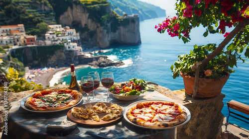Coastal Culinary Delight: A vibrant outdoor dining scene unfolds, where the delicious pizzas, paired with glasses of red wine, sit on a table overlooking the breathtaking Amalfi Coast.