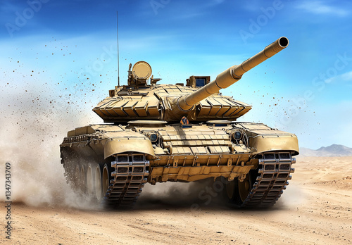 Heavy Tank Drifting Through Desert Landscape Under Blue Sky and Bright Sunlight Action Power Display