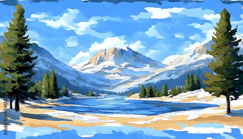 Snowy Mountain Lake Scenic Vista.
