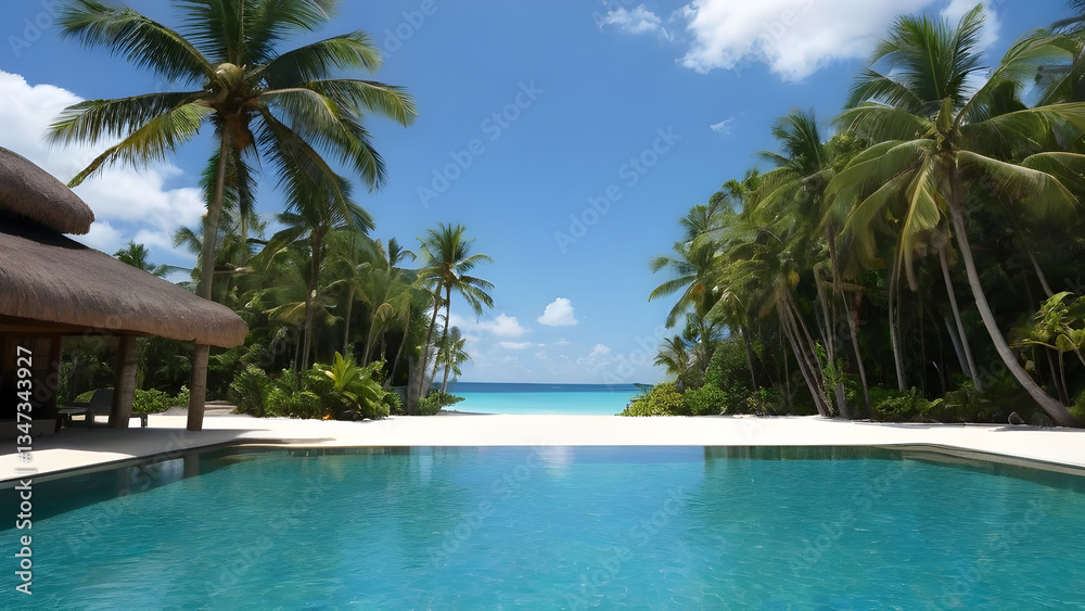 Fototapeta premium Infinity pool overlooking a pristine white sand beach and turquoise ocean in a tropical paradise