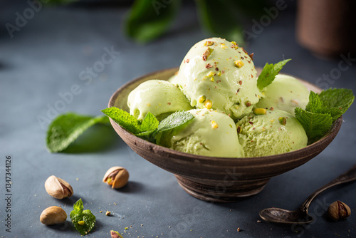 Homemade pistachio ice cream scoop with chopped pistachios on gray stone background