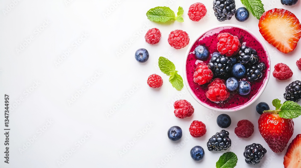Bright and minimalistic flat lay of healthy smoothie bowl with fresh berries and mint leaves. concept of nutritious breakfast, healthy eating, colorful ingredients, vegan lifestyle, Copy space Bright and minimalistic flat lay of healthy smoothie bowl with fresh berries and mint leaves. concept of nutritious breakfast, healthy eating, colorful ingredients, vegan lifestyle, Copy space