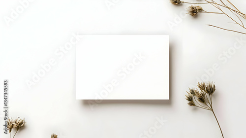 Blank White Card With Dried Flowers On White Background