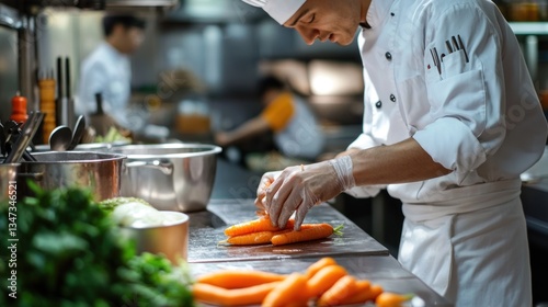 Chef preparing carrots in a professional kitchen
