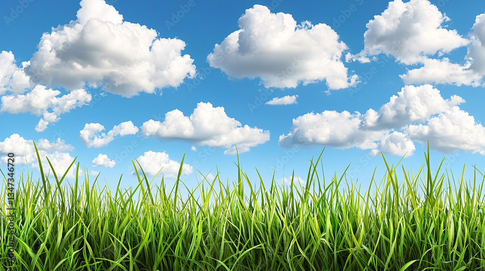 Fototapeta premium Serene Meadow with Fresh Green Grass Under a Bright Blue Sky Filled with Fluffy White Clouds
