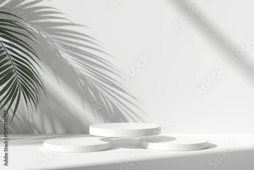 Minimalist white podium with palm leaf shadow, perfect for product display or branding.