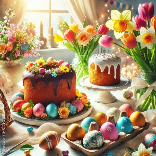 A beautiful and festive Easter celebration scene. A table filled with colorful Easter eggs, a delicious Easter cake, and spring flowers
