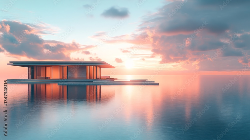 luxury floating house on calm water with panoramic ocean view at sunset reflecting pastel sky luxury floating house on calm water with panoramic ocean view at sunset reflecting pastel sky