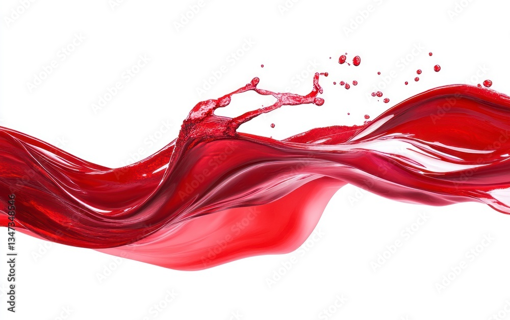 Dynamic Red Liquid Splash Flowing on White Background with Droplets Dynamic Red Liquid Splash Flowing on White Background with Droplets