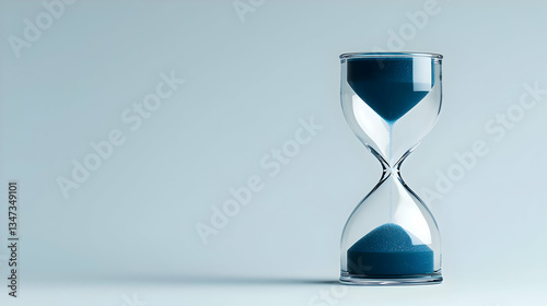 Blue Hourglass With Transparent Glass and Flowing Sand on Light Blue Background