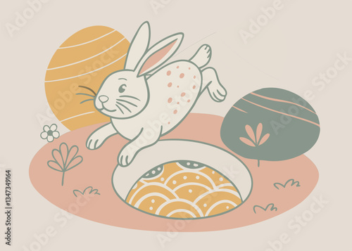 Cute Rabbit Jumping into a Hole. Springtime Illustration