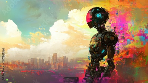 Vibrant Abstract Robot in Urban Landscape with Colorful Digital Art Background