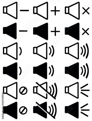 Sound icon Set, volume symbol set, speaker sign, audio control icon set. Speaker icon set. volume icon vector. loudspeaker icon vector. black and white sound icons