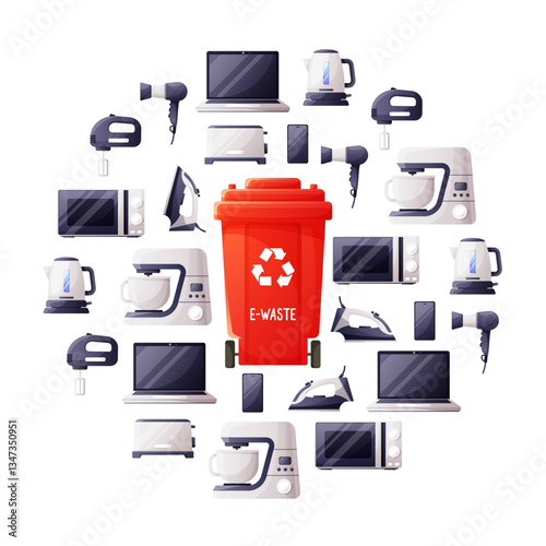 Electronic waste and recycling bin set. Round template with electronic equipment for disposal, red bin for them in the middle. Zero waste theme and modern environmental problem.