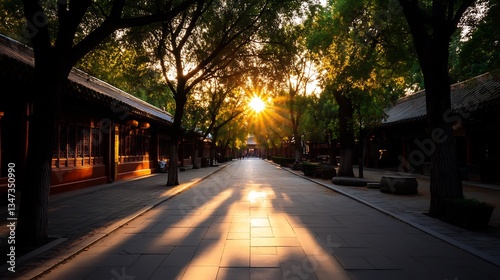 Golden Hour Serenity: A Sunlit Pathway Through Ancient Chinese Architecture