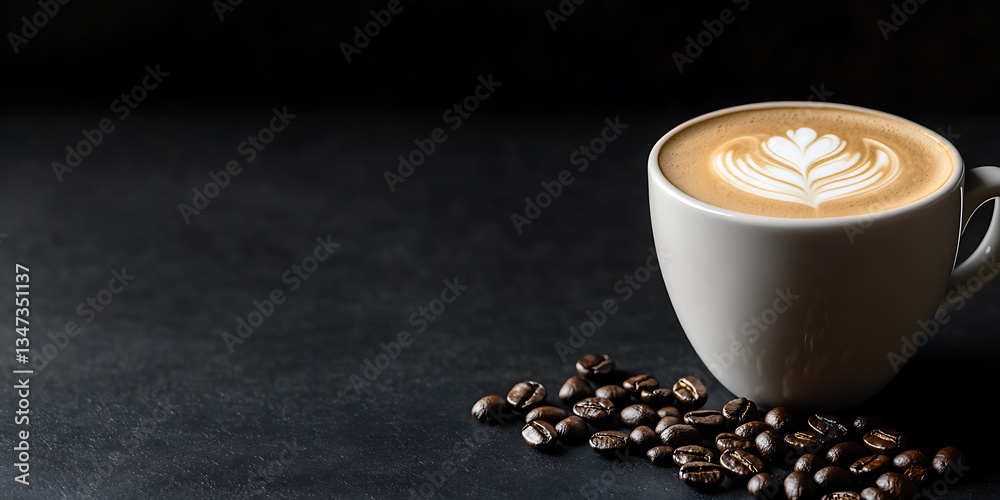 delicious cappuccino in white mug with latte art on black background, surrounded by coffee beans, banner with blank space for writing, home made delicious cappuccino in white mug with latte art on black background, surrounded by coffee beans, banner with blank space for writing, home made