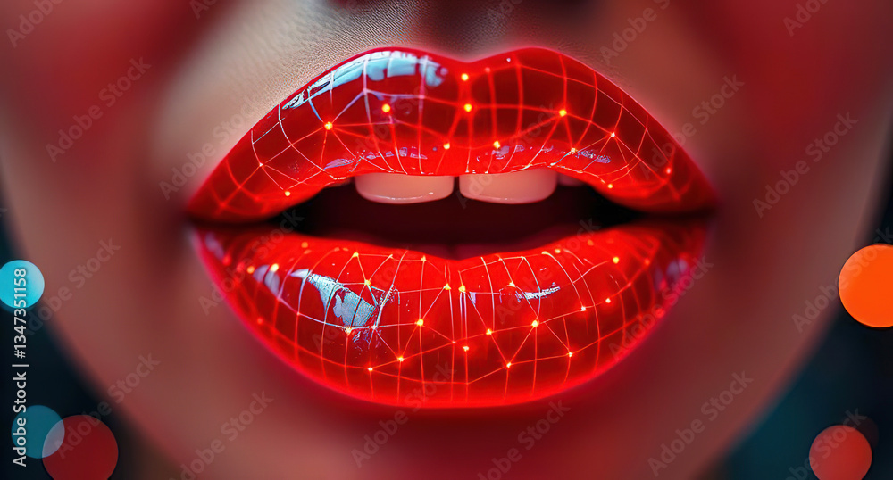Red lips with technological connectivity Red lips with technological connectivity